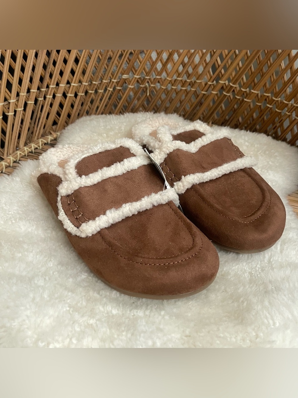 A New Day Cozy Brown Sherpa-Lined Slip-On Mules